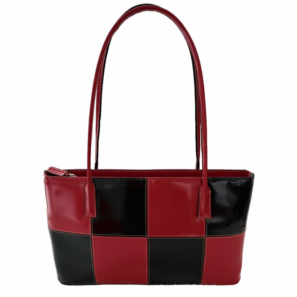 Vintage Red Black Checkerboard Faux Patent Leather Purse Shoulder Bag Colorblock - Picture 2 of 12
